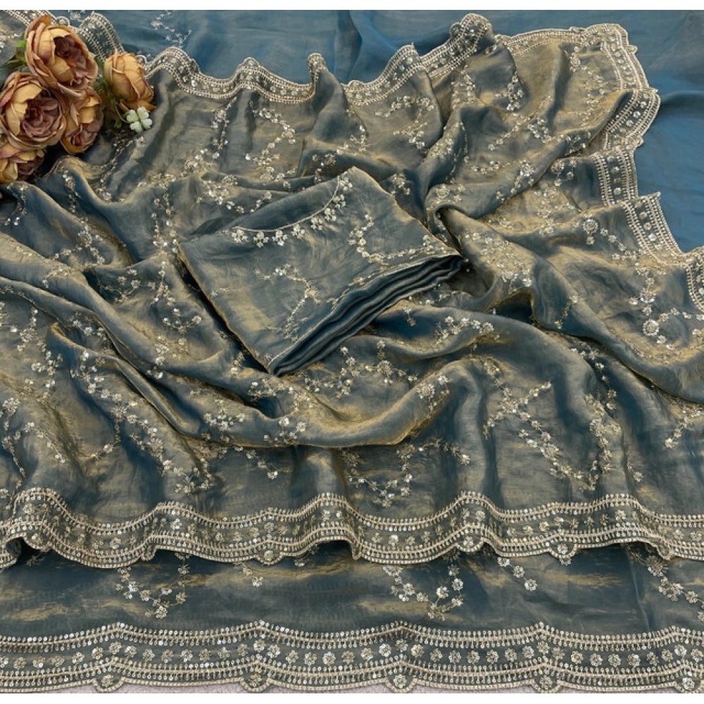 Women's Silk Embellished Saree — Grey