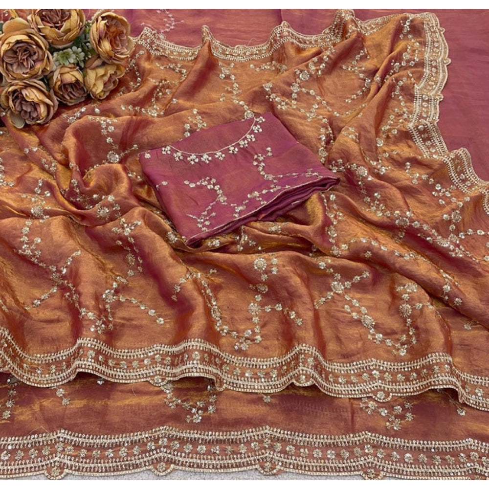 Women's Silk Embellished Saree — Peach · 2685