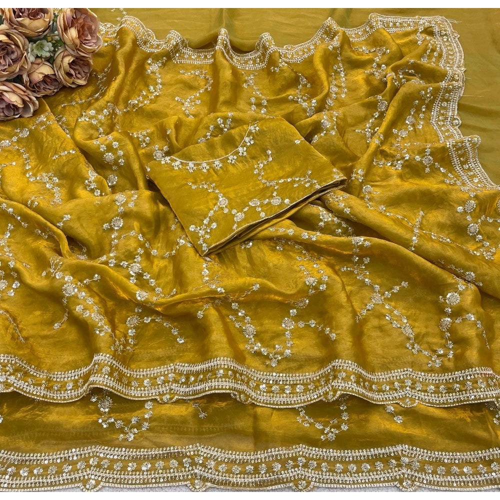 Women's Silk Embellished Saree — Mustard-Yellow