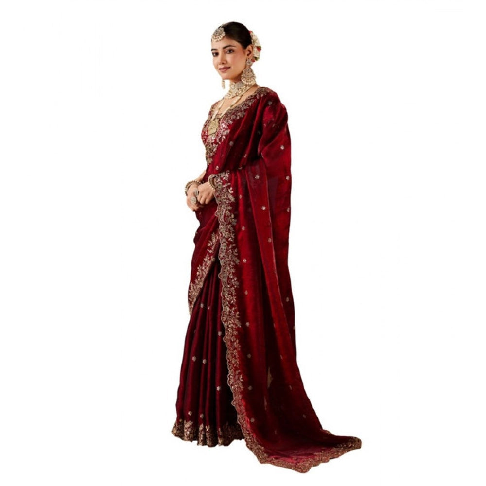 Women's Silk Embroidered Saree — Maroon