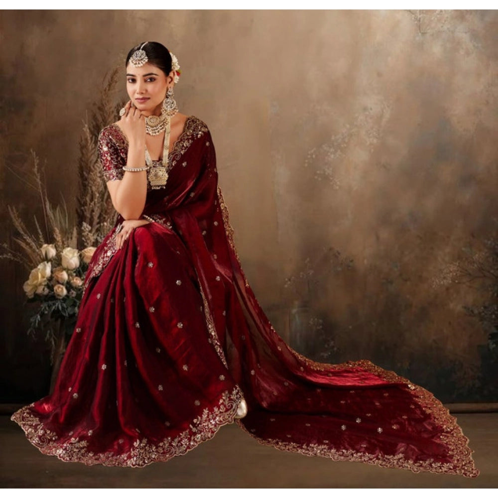 Women's Silk Embroidered Saree — Maroon