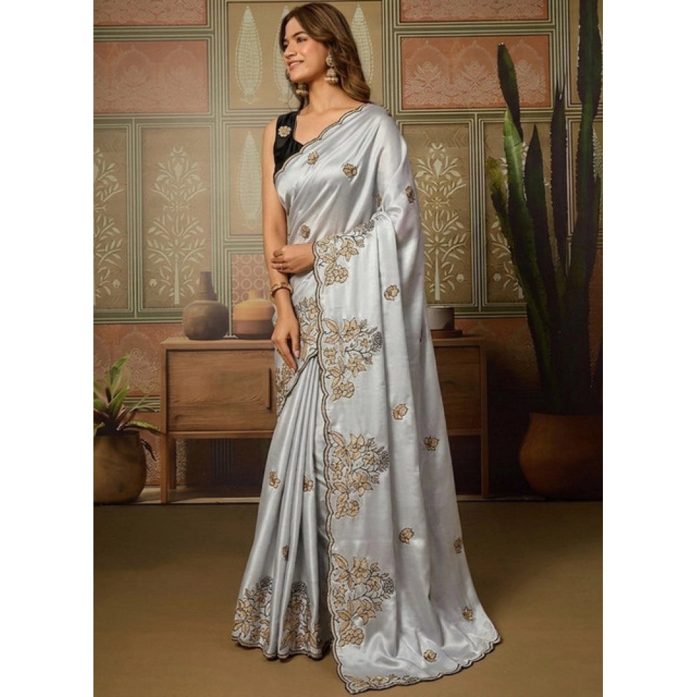 Women's Viscose Silk Embroidered Saree — Grey · 2693