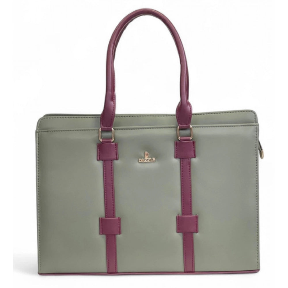 Women's Solid Structured Shoulder Tote Handbag — Sage Green-Burgundy