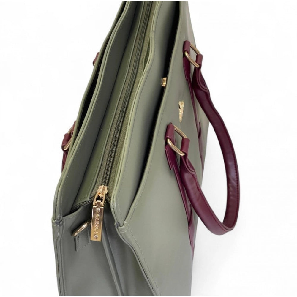 Women's Solid Structured Shoulder Tote Handbag — Sage Green-Burgundy