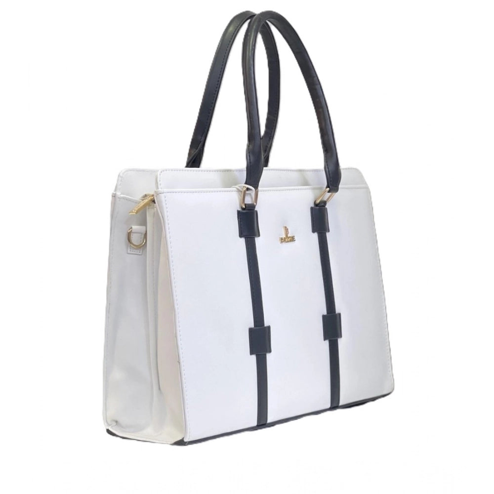 Women's Solid Structured Shoulder Tote Handbag — Cream-Navy Blue