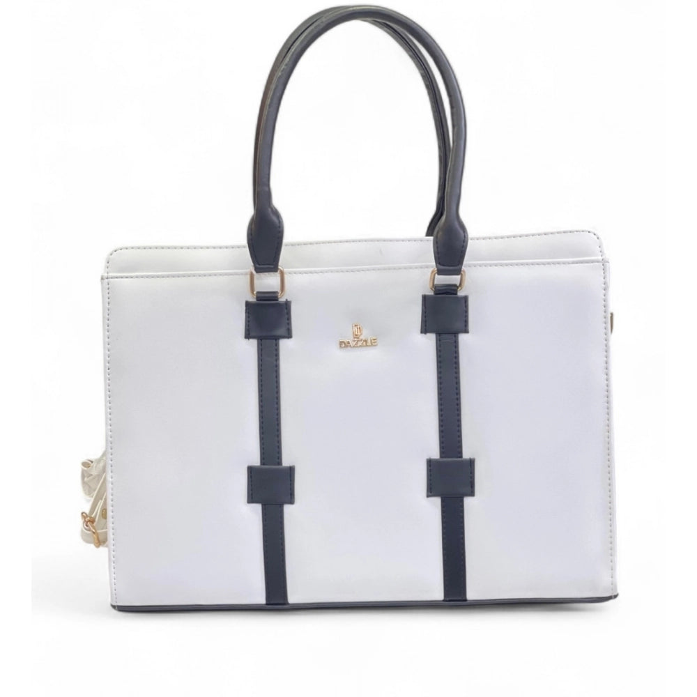 Women's Solid Structured Shoulder Tote Handbag — Cream-Navy Blue