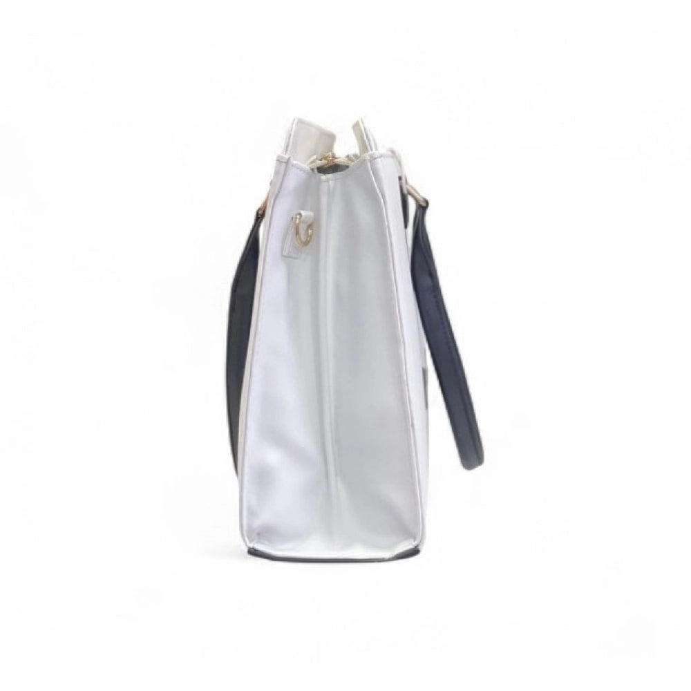 Women's Solid Structured Shoulder Tote Handbag — Cream-Navy Blue