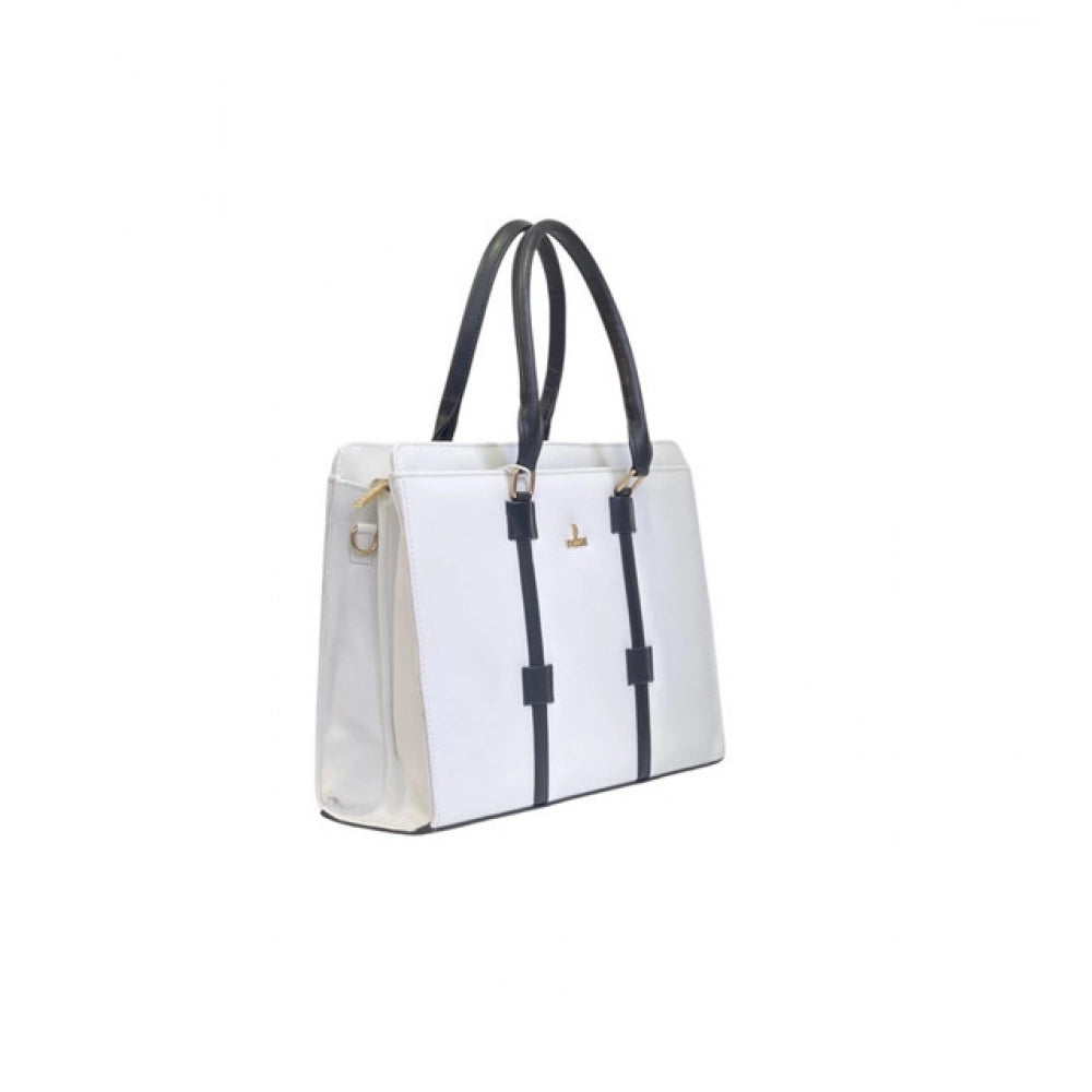 Women's Solid Structured Shoulder Tote Handbag — Cream-Navy Blue
