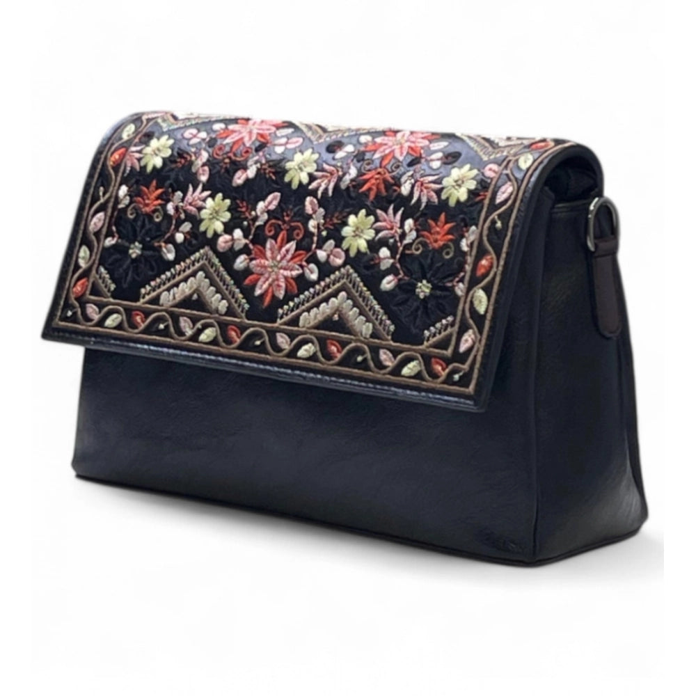 Women's Floral Embroidered Crossbody Sling Bag — Black · 2789