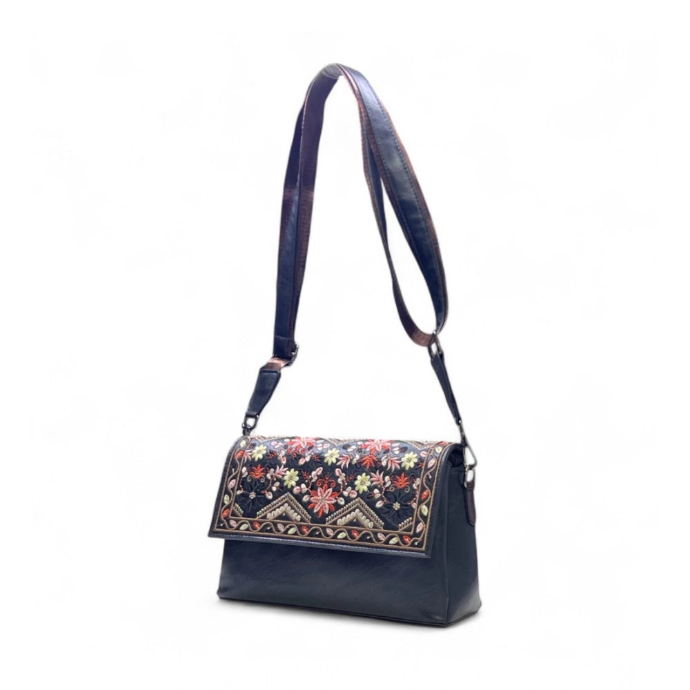 Women's Floral Embroidered Crossbody Sling Bag — Black · 2789