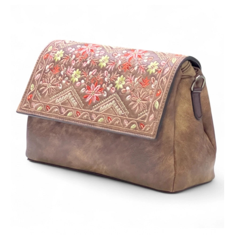 Women's Floral Embroidered Crossbody Sling Bag — Brown · 2790