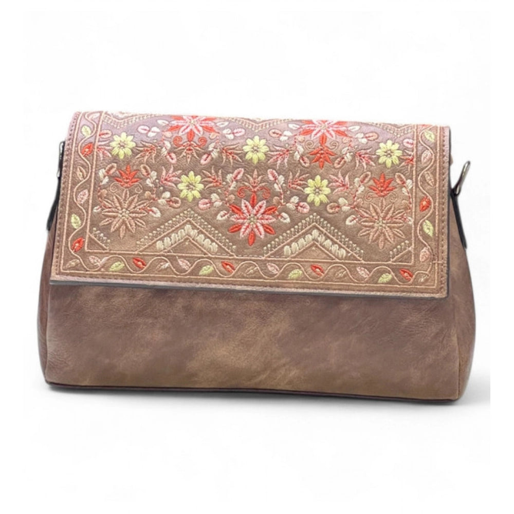 Women's Floral Embroidered Crossbody Sling Bag — Brown · 2790