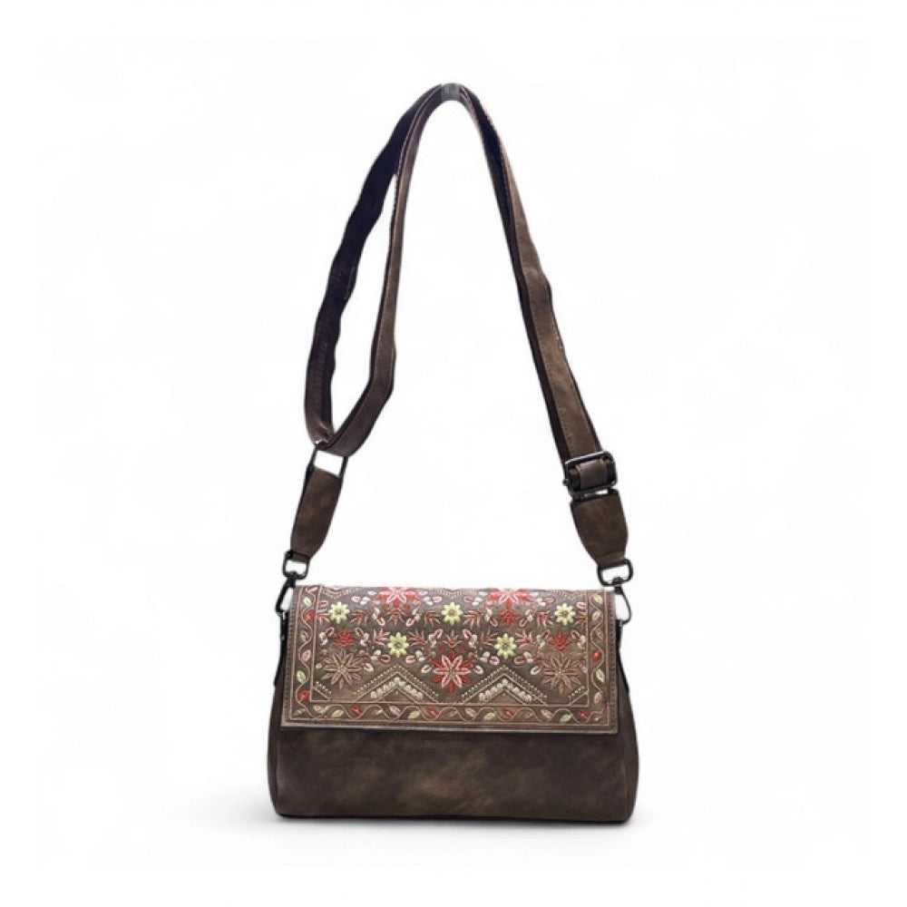 Women's Floral Embroidered Crossbody Sling Bag — Brown · 2790