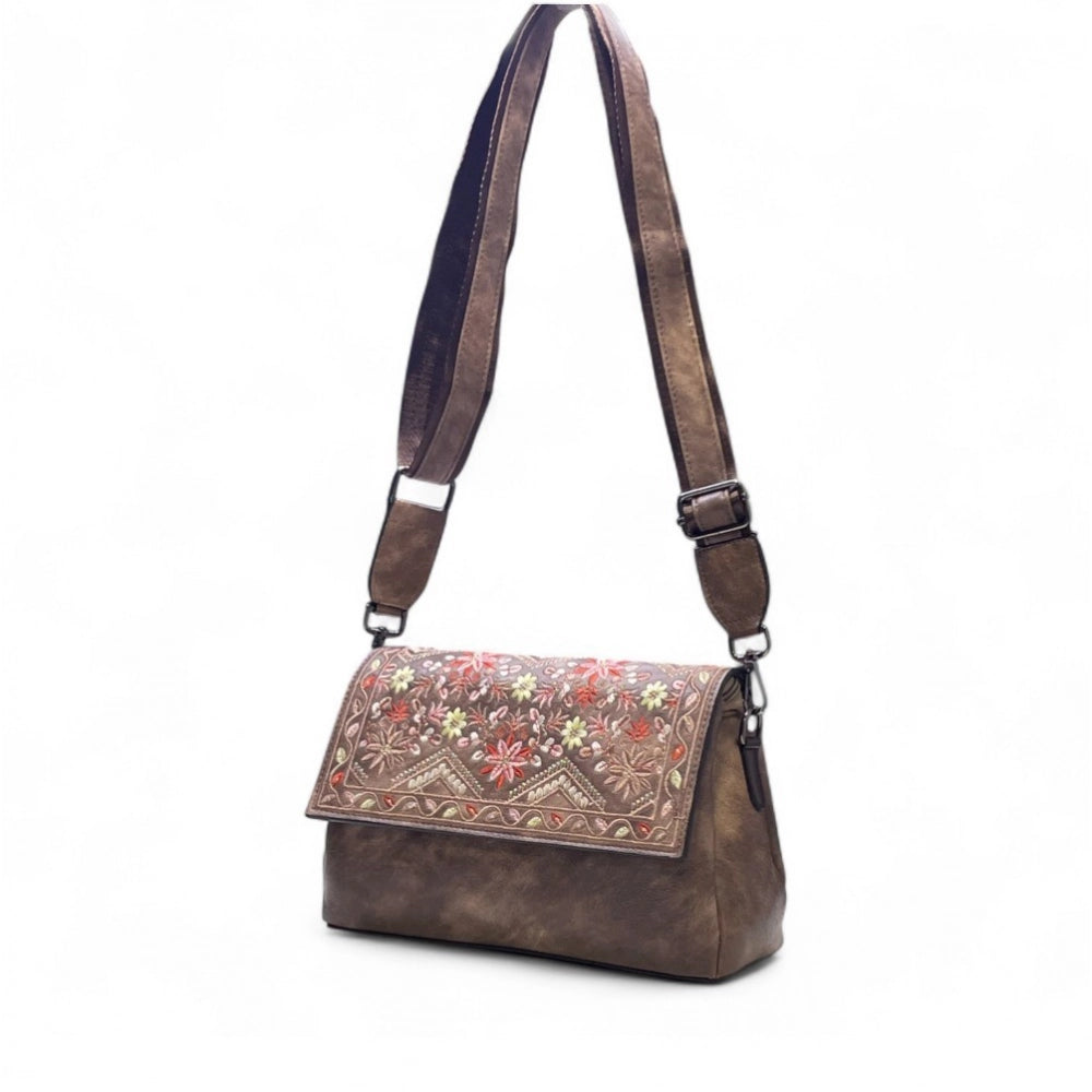 Women's Floral Embroidered Crossbody Sling Bag — Brown · 2790