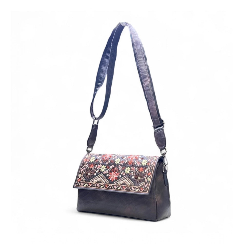 Women's Floral Embroidered Crossbody Sling Bag — Coffee · 2791
