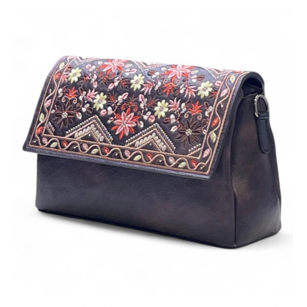 Women's Floral Embroidered Crossbody Sling Bag — Coffee · 2791
