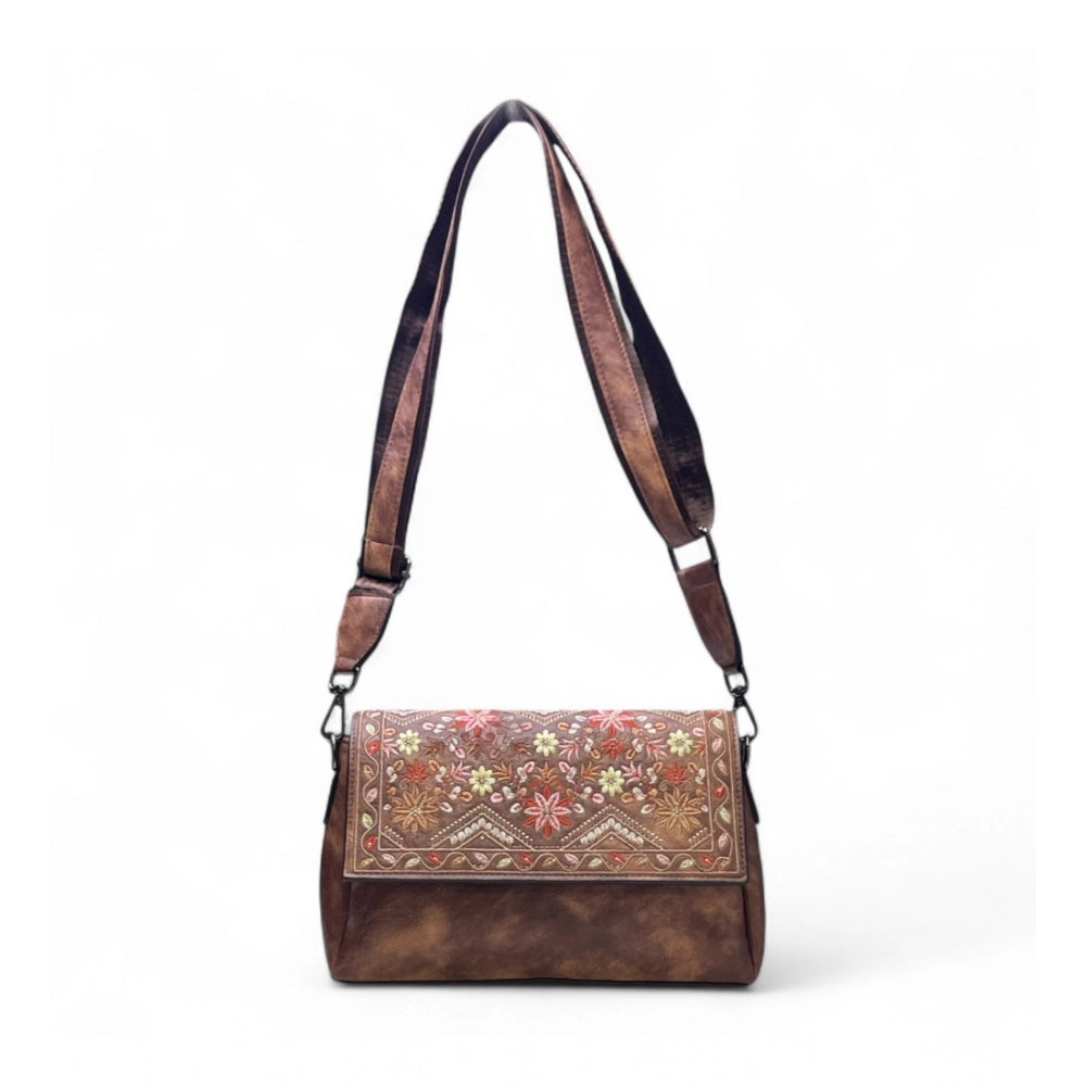 Women's Floral Embroidered Crossbody Sling Bag — Dark Brown · 2792