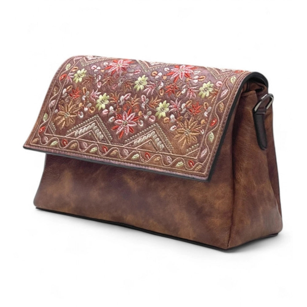 Women's Floral Embroidered Crossbody Sling Bag — Dark Brown · 2792