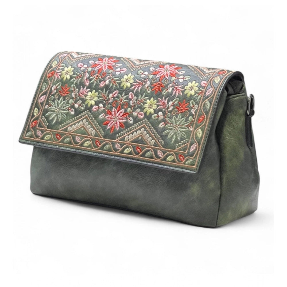 Women's Floral Embroidered Crossbody Sling Bag — Green · 2793