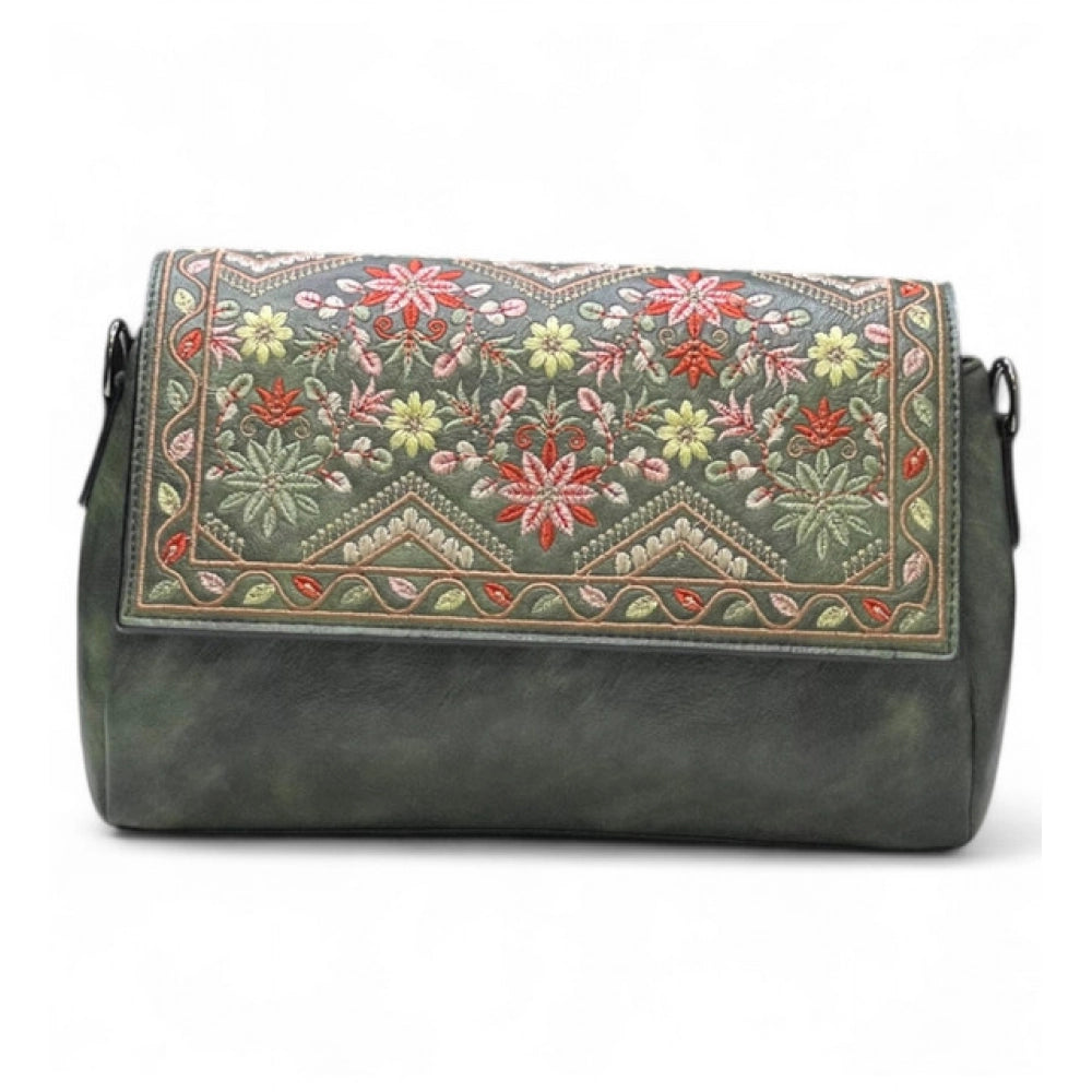 Women's Floral Embroidered Crossbody Sling Bag — Green · 2793