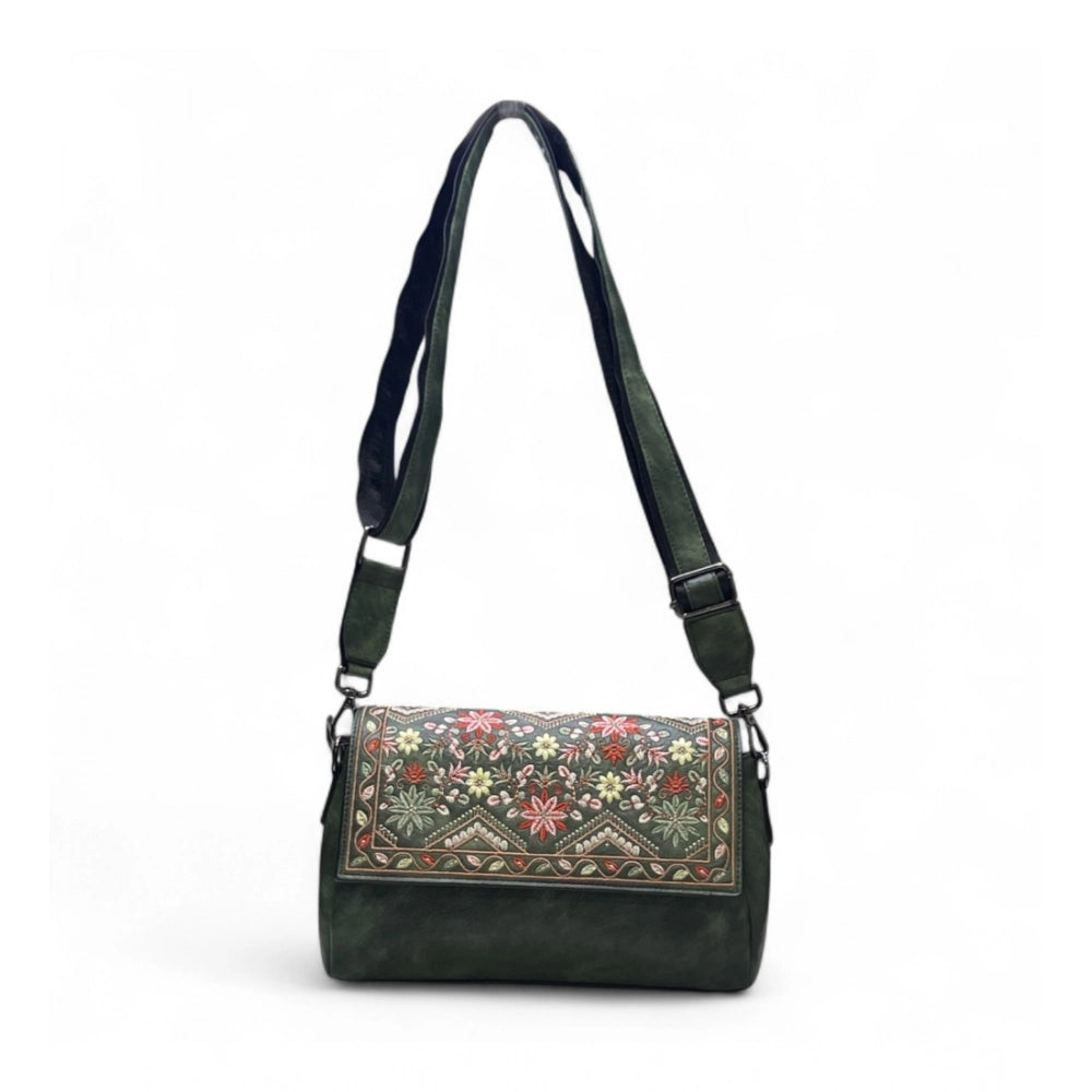 Women's Floral Embroidered Crossbody Sling Bag — Green · 2793