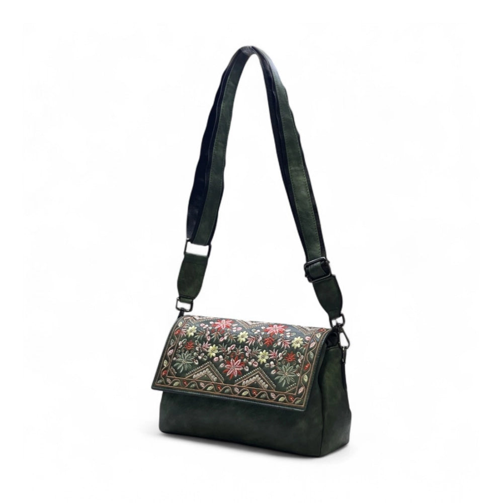 Women's Floral Embroidered Crossbody Sling Bag — Green · 2793