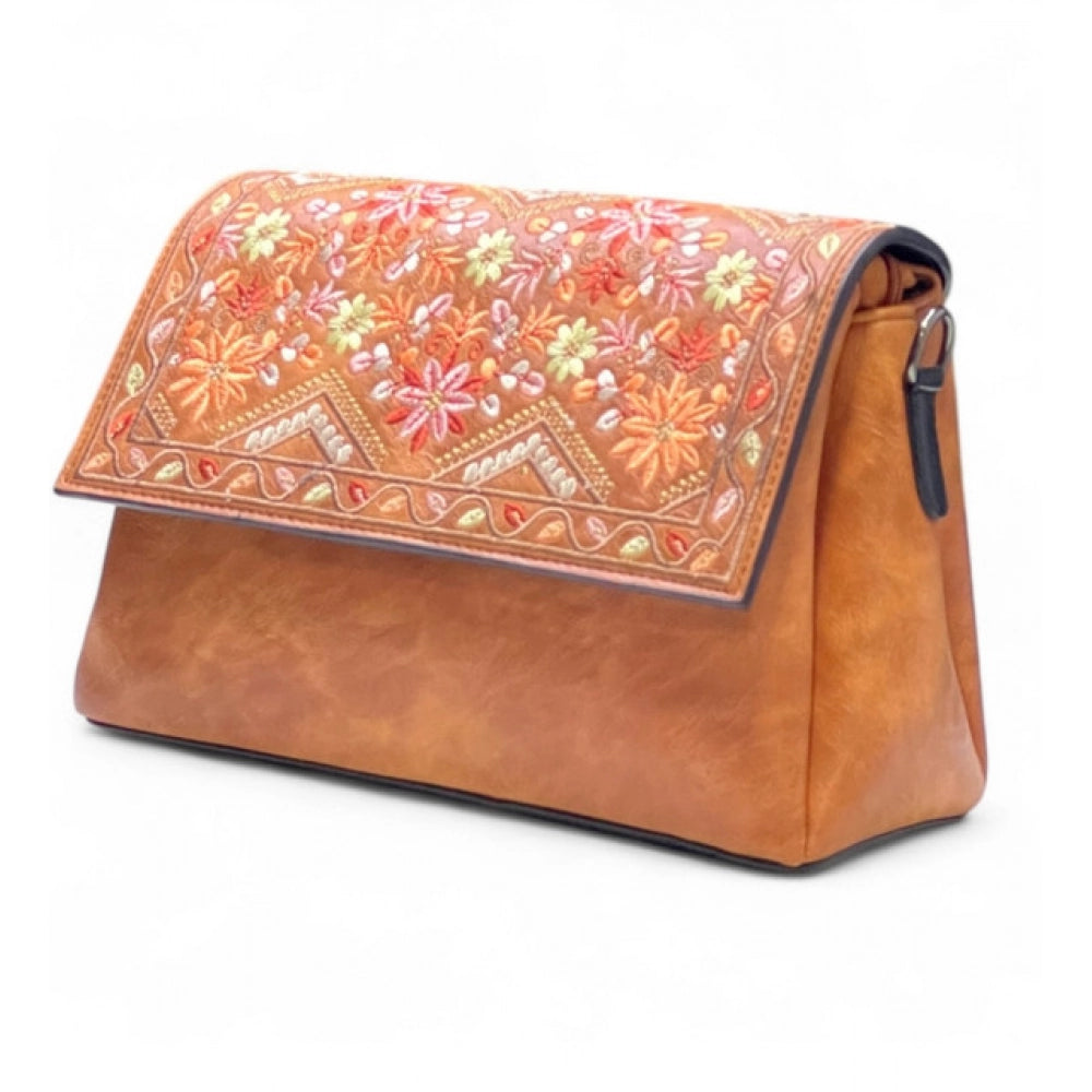 Women's Floral Embroidered Crossbody Sling Bag — Tan · 2796