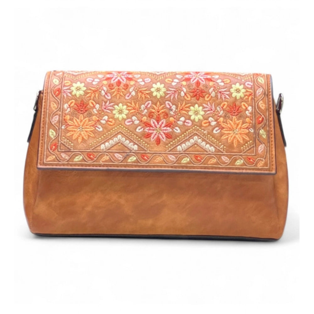 Women's Floral Embroidered Crossbody Sling Bag — Tan · 2796