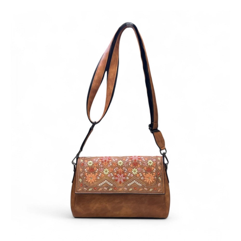 Women's Floral Embroidered Crossbody Sling Bag — Tan · 2796