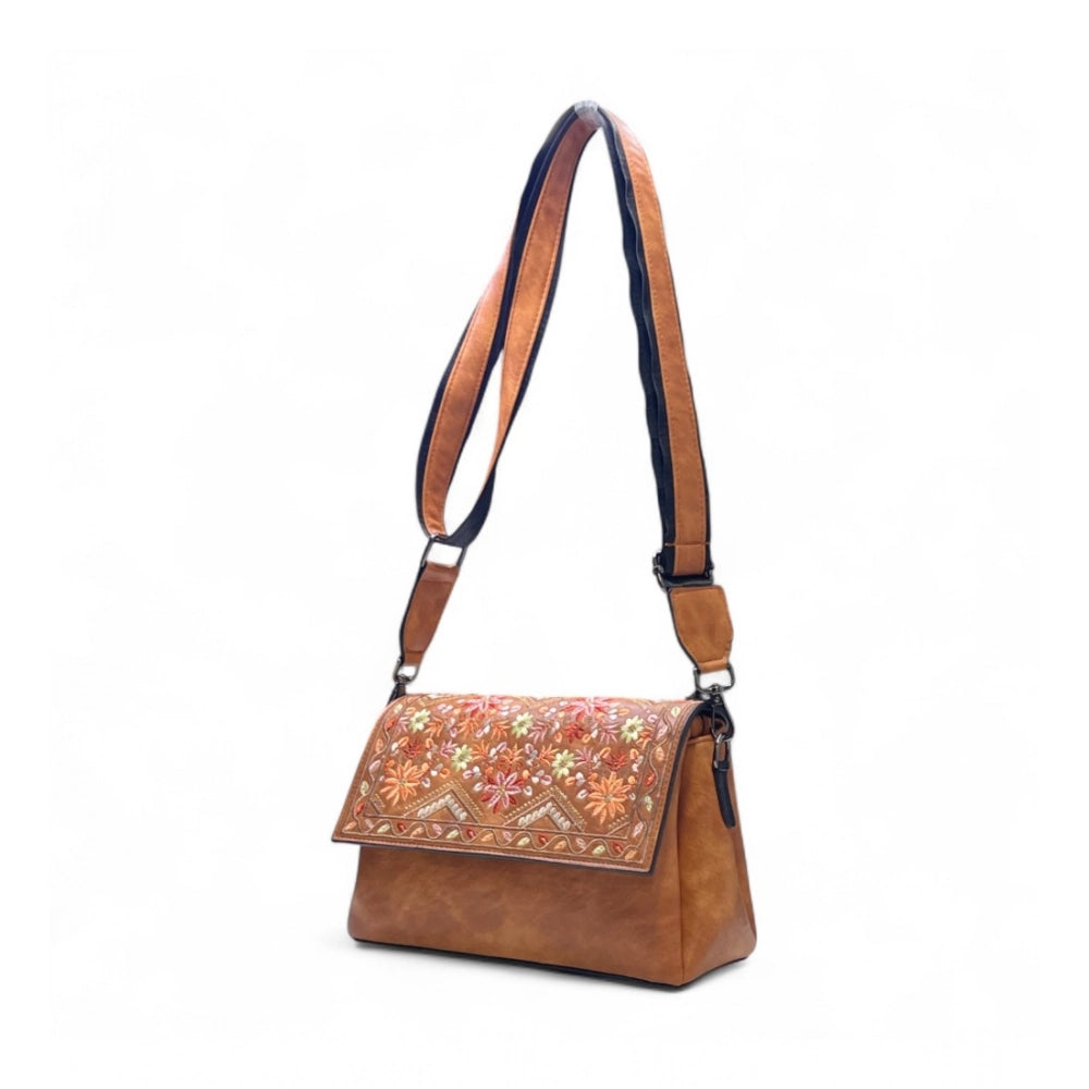 Women's Floral Embroidered Crossbody Sling Bag — Tan · 2796