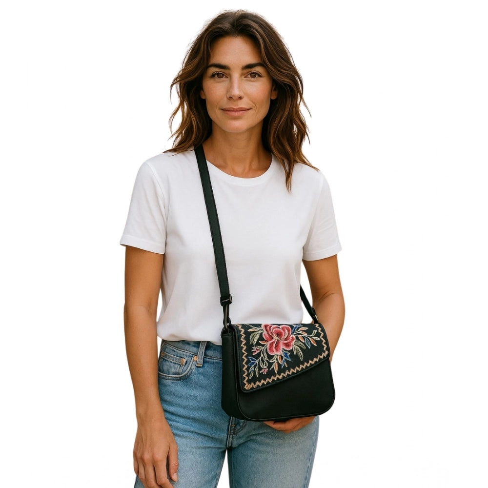 Women's Floral Embroidered Crossbody Sling Bag — Black · 2797