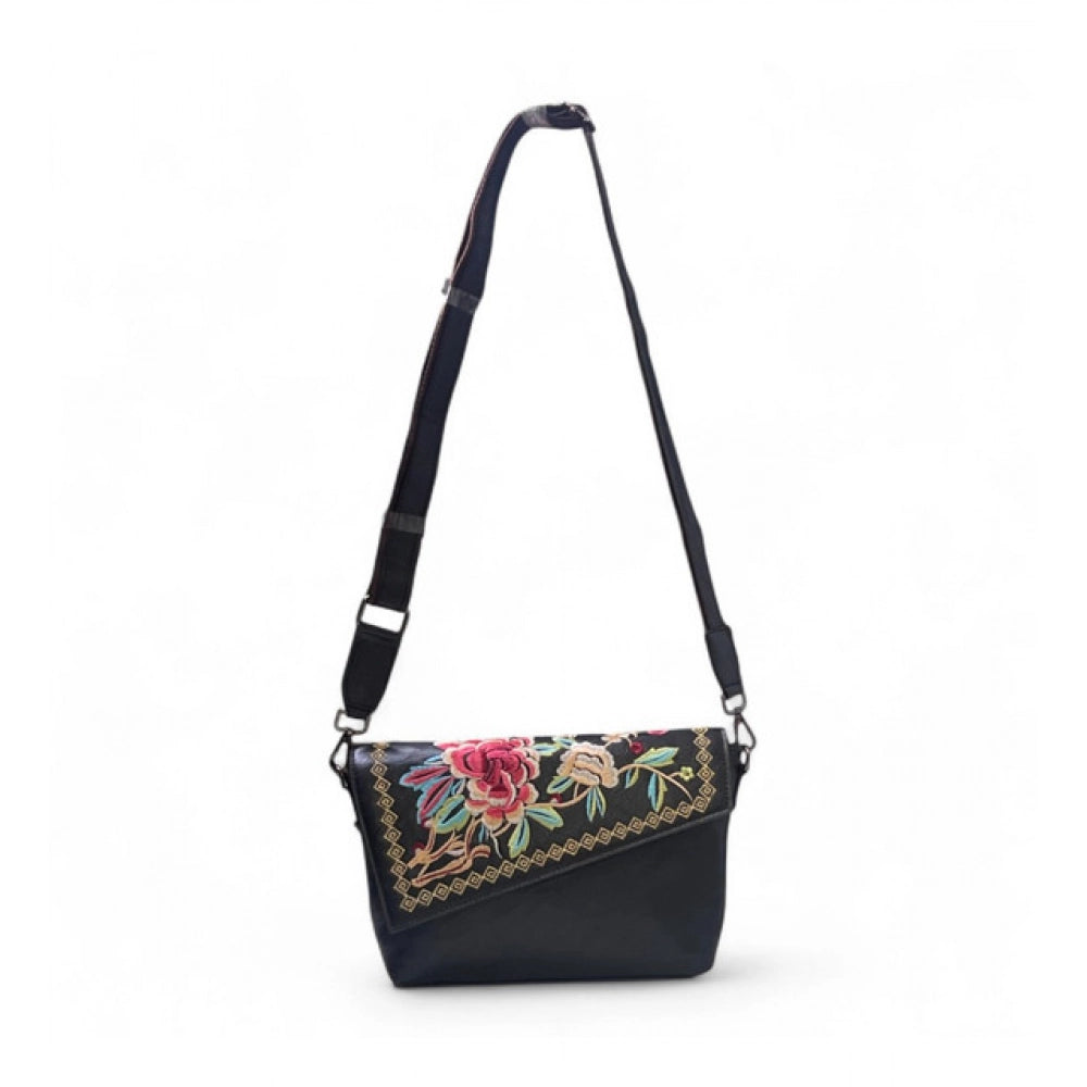Women's Floral Embroidered Crossbody Sling Bag — Black · 2797