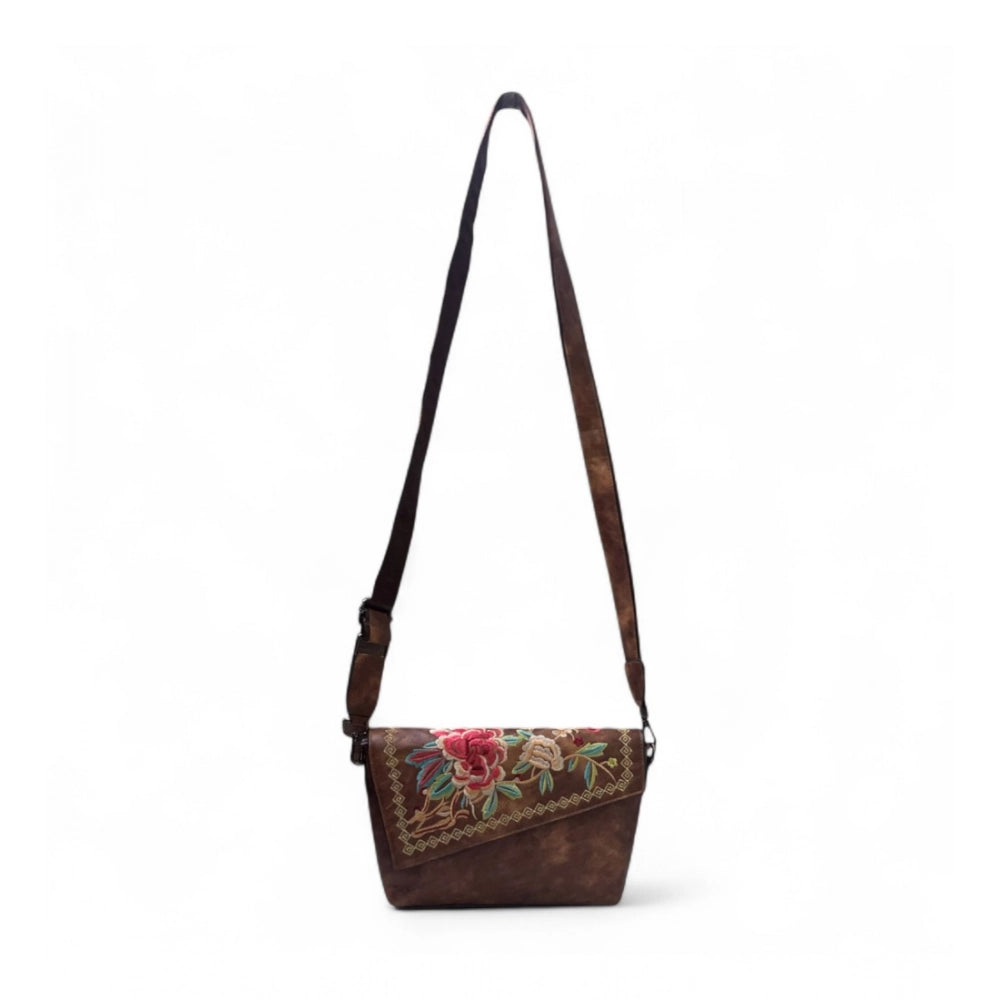 Women's Floral Embroidered Crossbody Sling Bag — Brown · 2798