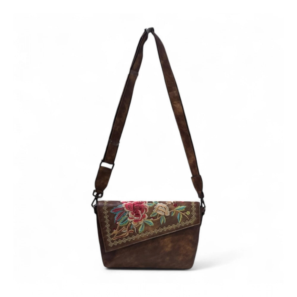 Women's Floral Embroidered Crossbody Sling Bag — Brown · 2798