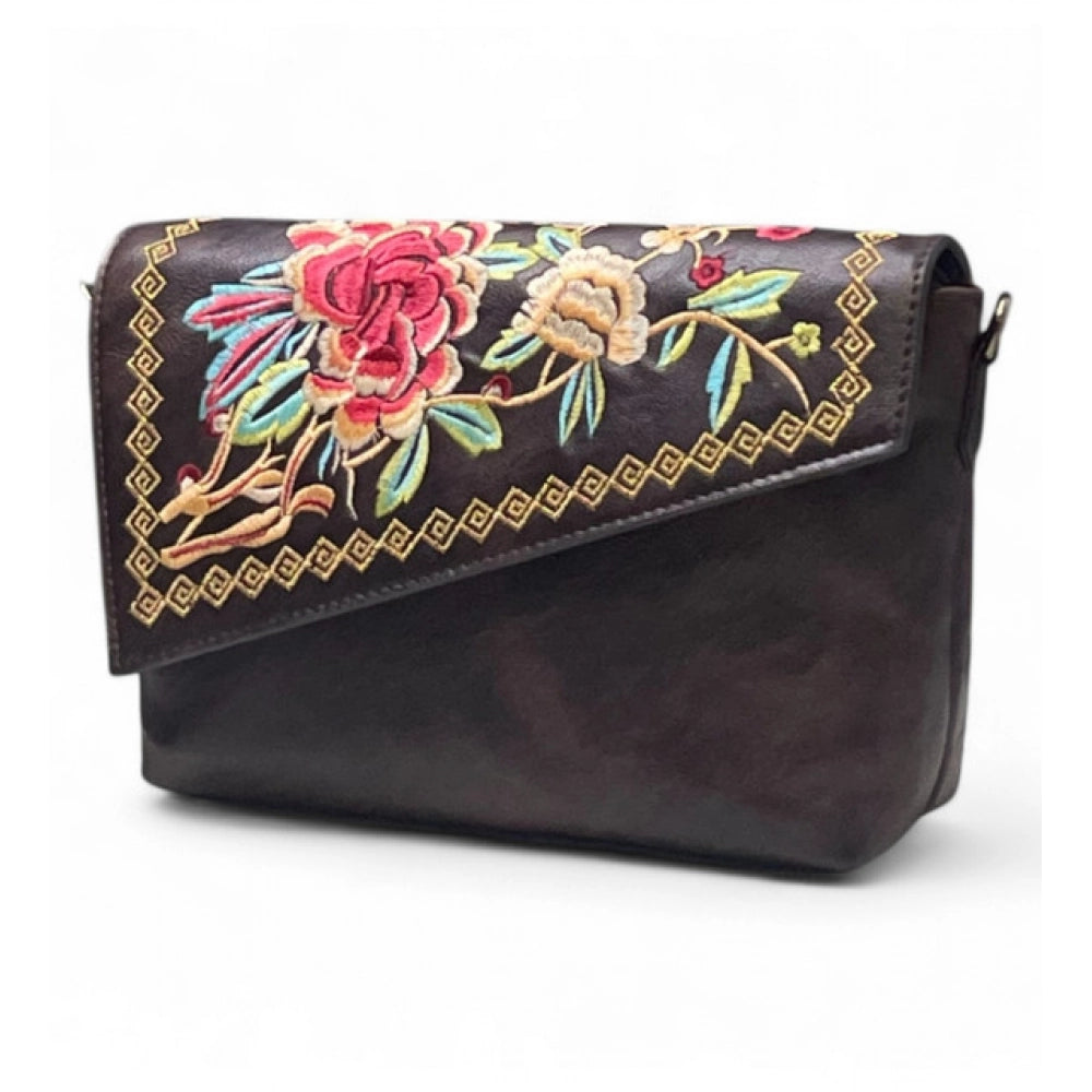 Women's Floral Embroidered Crossbody Sling Bag — Coffee · 2799