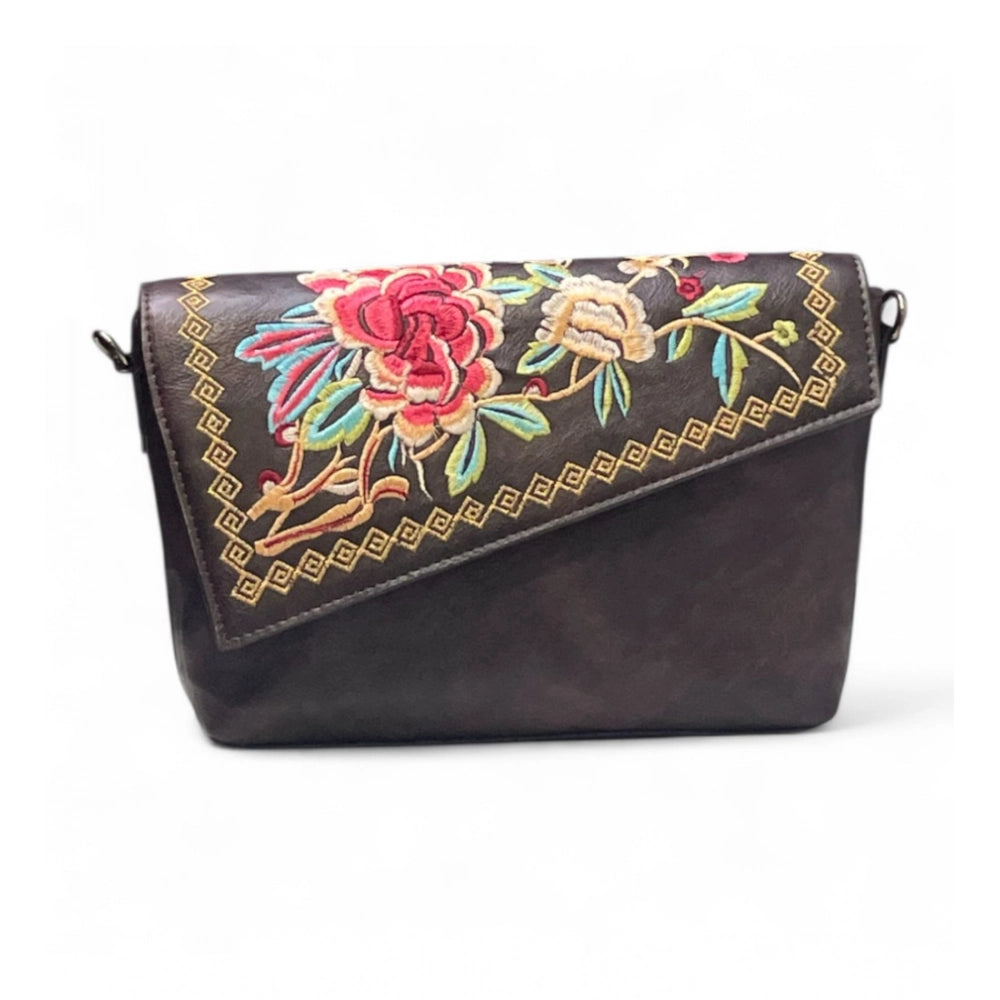 Women's Floral Embroidered Crossbody Sling Bag — Coffee · 2799