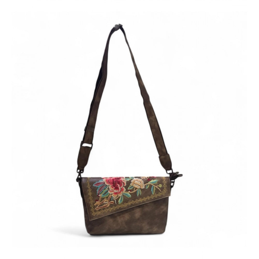 Women's Floral Embroidered Crossbody Sling Bag — Dark Brown · 2800