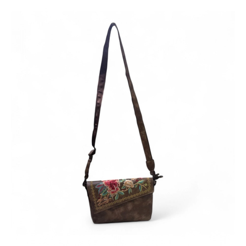 Women's Floral Embroidered Crossbody Sling Bag — Dark Brown · 2800