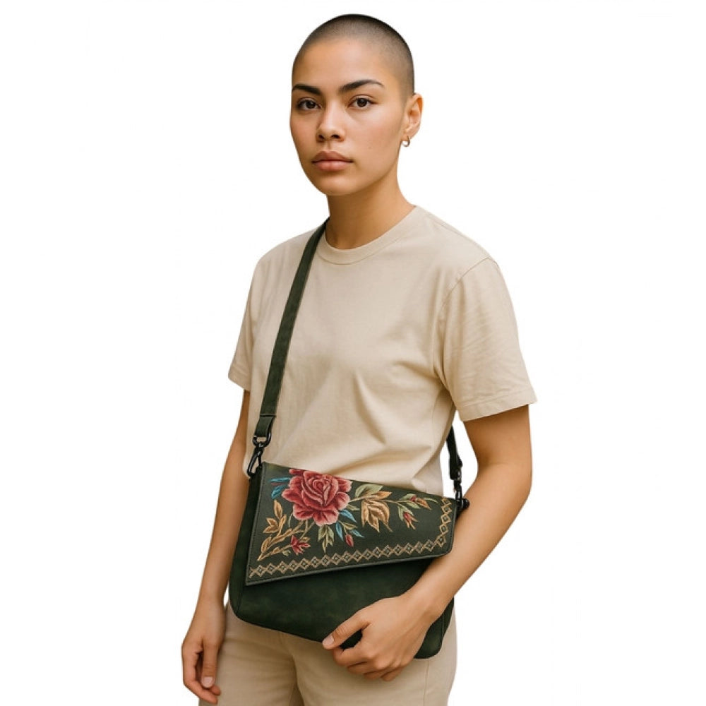 Women's Floral Embroidered Crossbody Sling Bag — Green · 2801