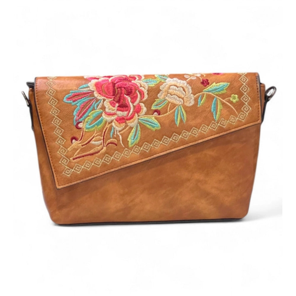 Women's Floral Embroidered Crossbody Sling Bag — Tan · 2804