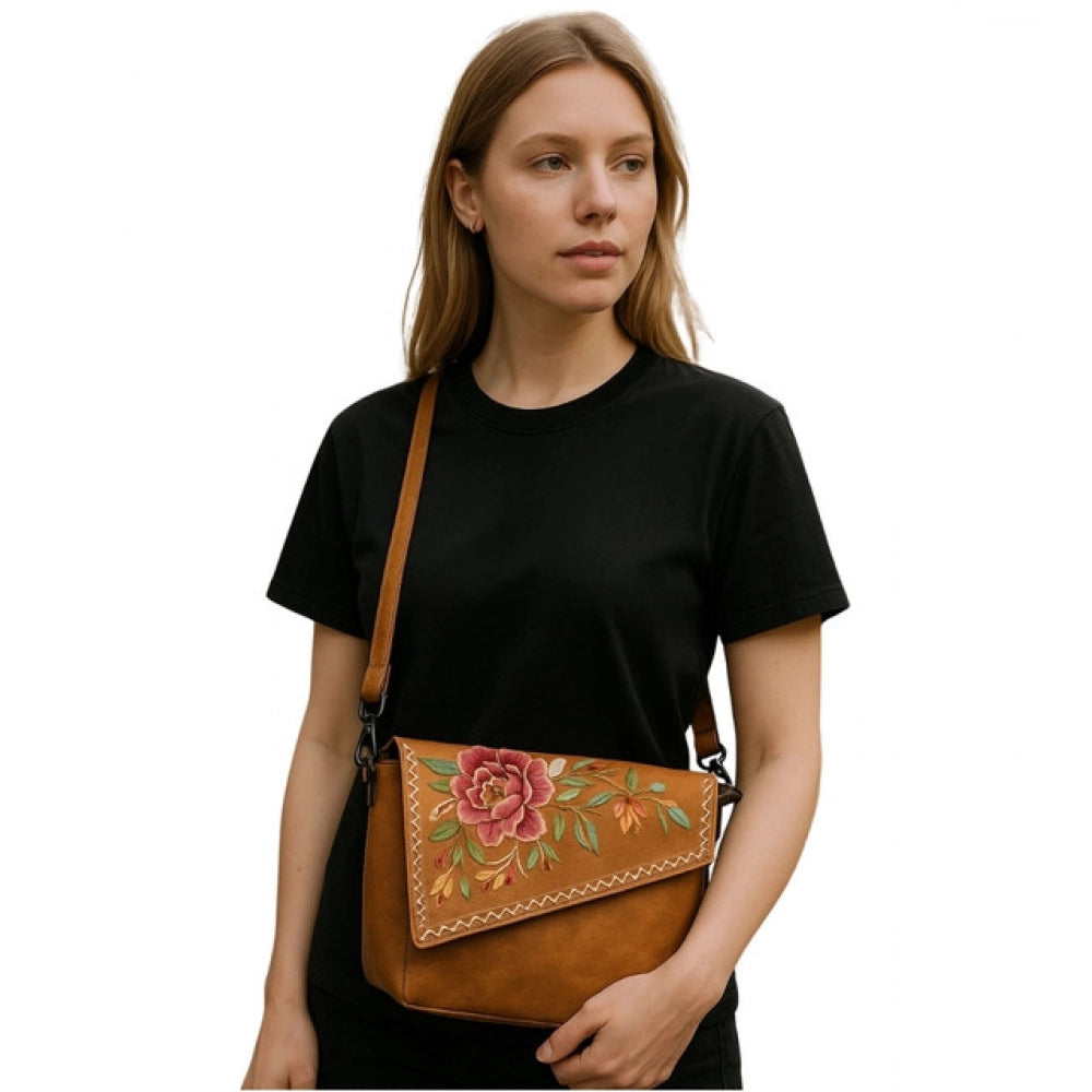 Women's Floral Embroidered Crossbody Sling Bag — Tan · 2804