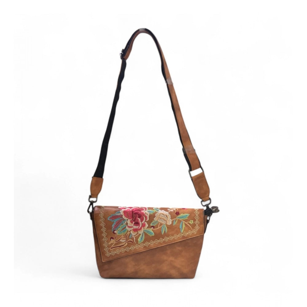 Women's Floral Embroidered Crossbody Sling Bag — Tan · 2804