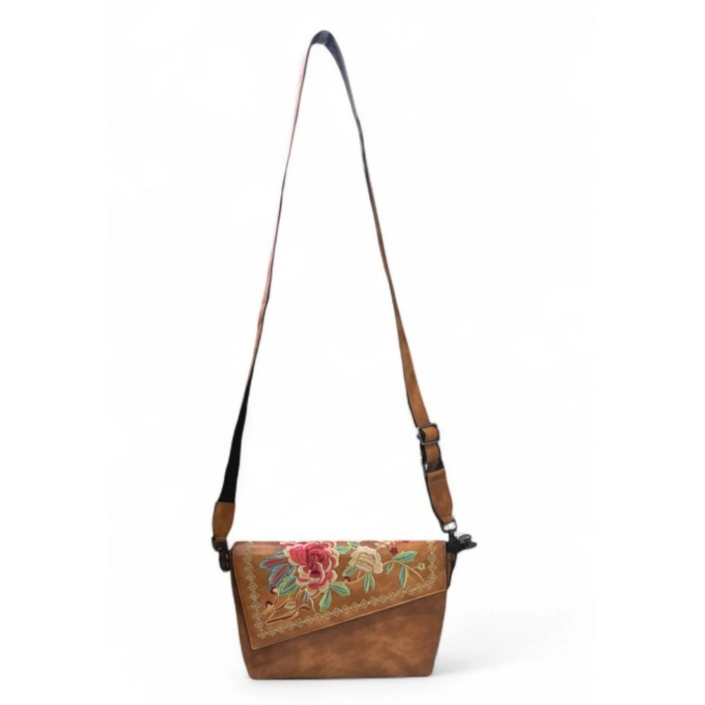 Women's Floral Embroidered Crossbody Sling Bag — Tan · 2804