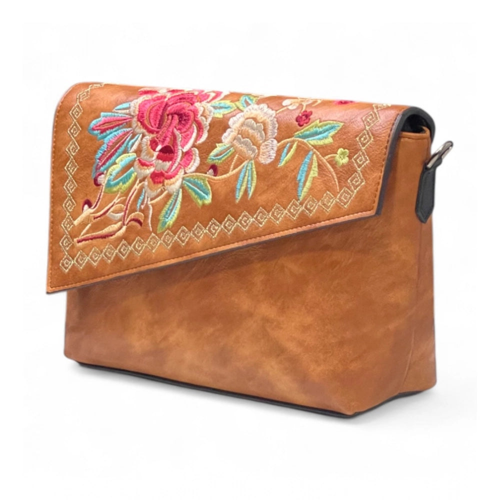 Women's Floral Embroidered Crossbody Sling Bag — Tan · 2804