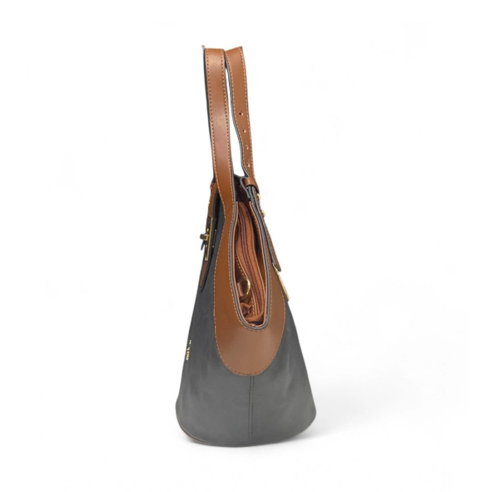 Women's Floral Printed Hexagonal Satchel Handbag — Charcoal Grey