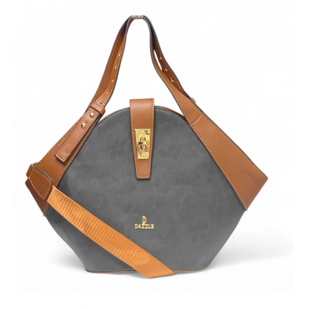 Women's Floral Printed Hexagonal Satchel Handbag — Charcoal Grey