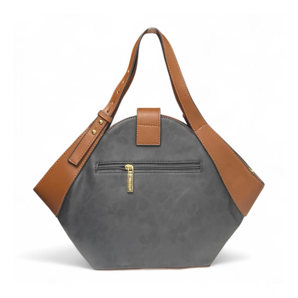 Women's Floral Printed Hexagonal Satchel Handbag — Charcoal Grey