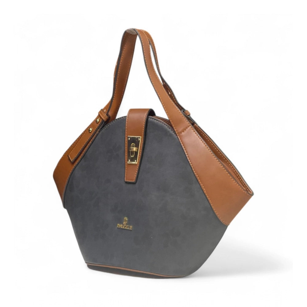 Women's Floral Printed Hexagonal Satchel Handbag — Charcoal Grey