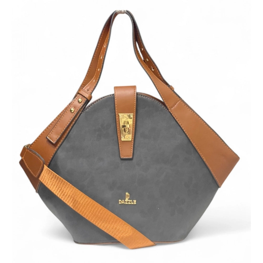 Women's Floral Printed Hexagonal Satchel Handbag — Charcoal Grey