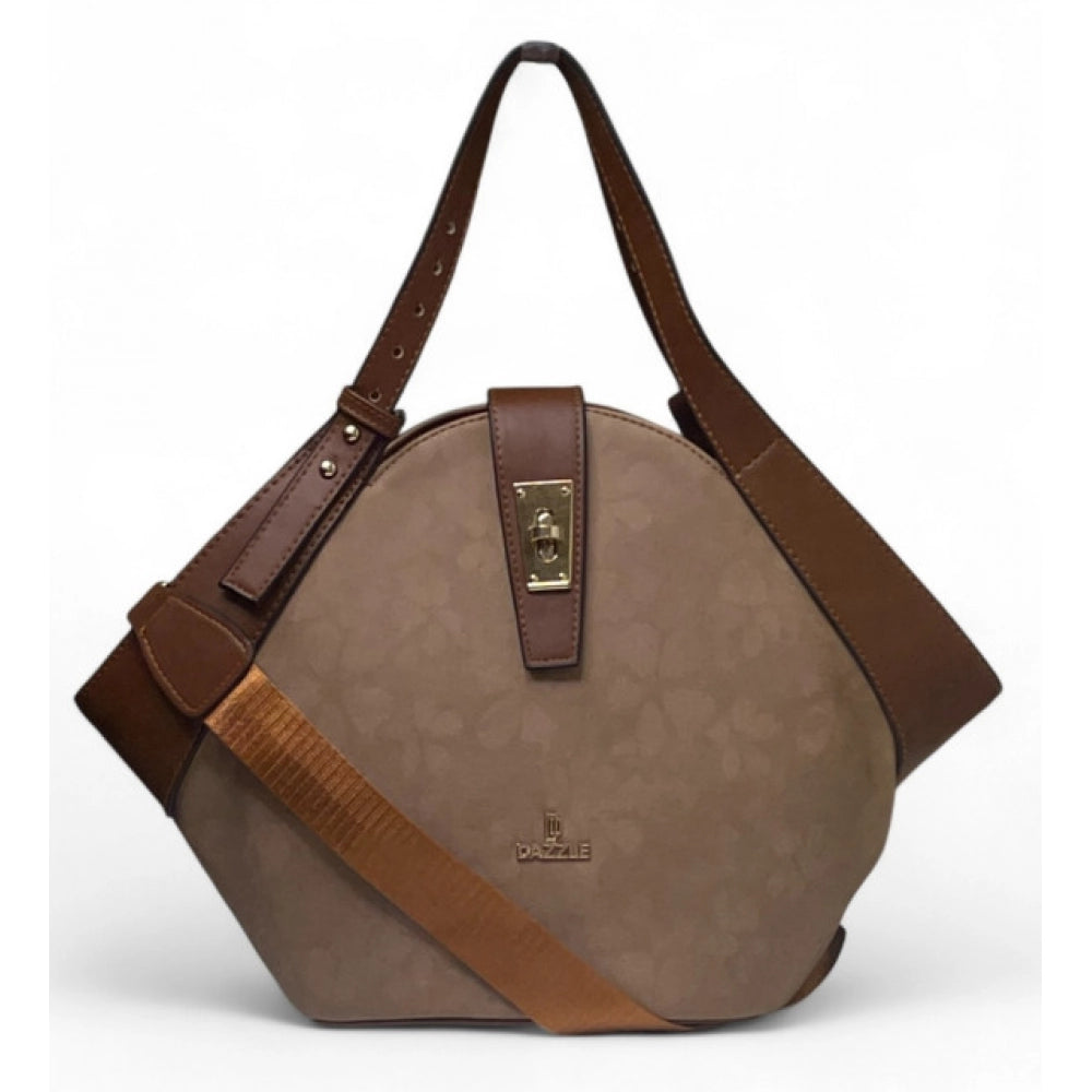 Women's Floral Printed Hexagonal Satchel Handbag — Brown